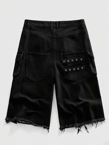 ROMWE MEN Street Life Men's Punk Street Style Distressed Loose Low Waist Cargo Shorts - Black - View 2