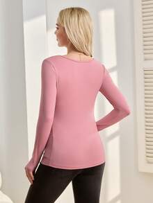 SHEIN Umstandsmode Geraffter Rundhals Langarm Strick Lässig Top - Pink - Übersicht 2