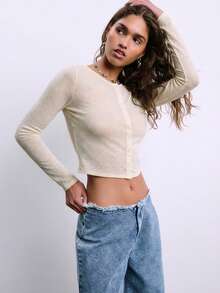 Nöista 女士纯色针织长袖半透明圆领上衣。轻盈优雅，适合日常穿着、休闲装扮、外出造型以及情人节穿搭。 - 米色 - 查看 4