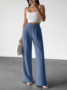 EURMUSE Fashionable Versatile High Waist Wide Leg Solid Color Pants - Dusty Blue - View 7