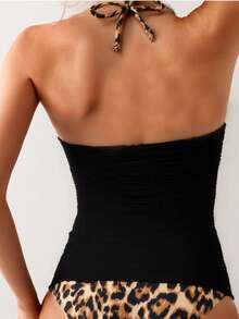 Swim Lushoire Women's Beach Vacation Textured Fabric Random Leopard Print Spaghetti Strap Camisole & Bikini Set - Multicolor - View 5