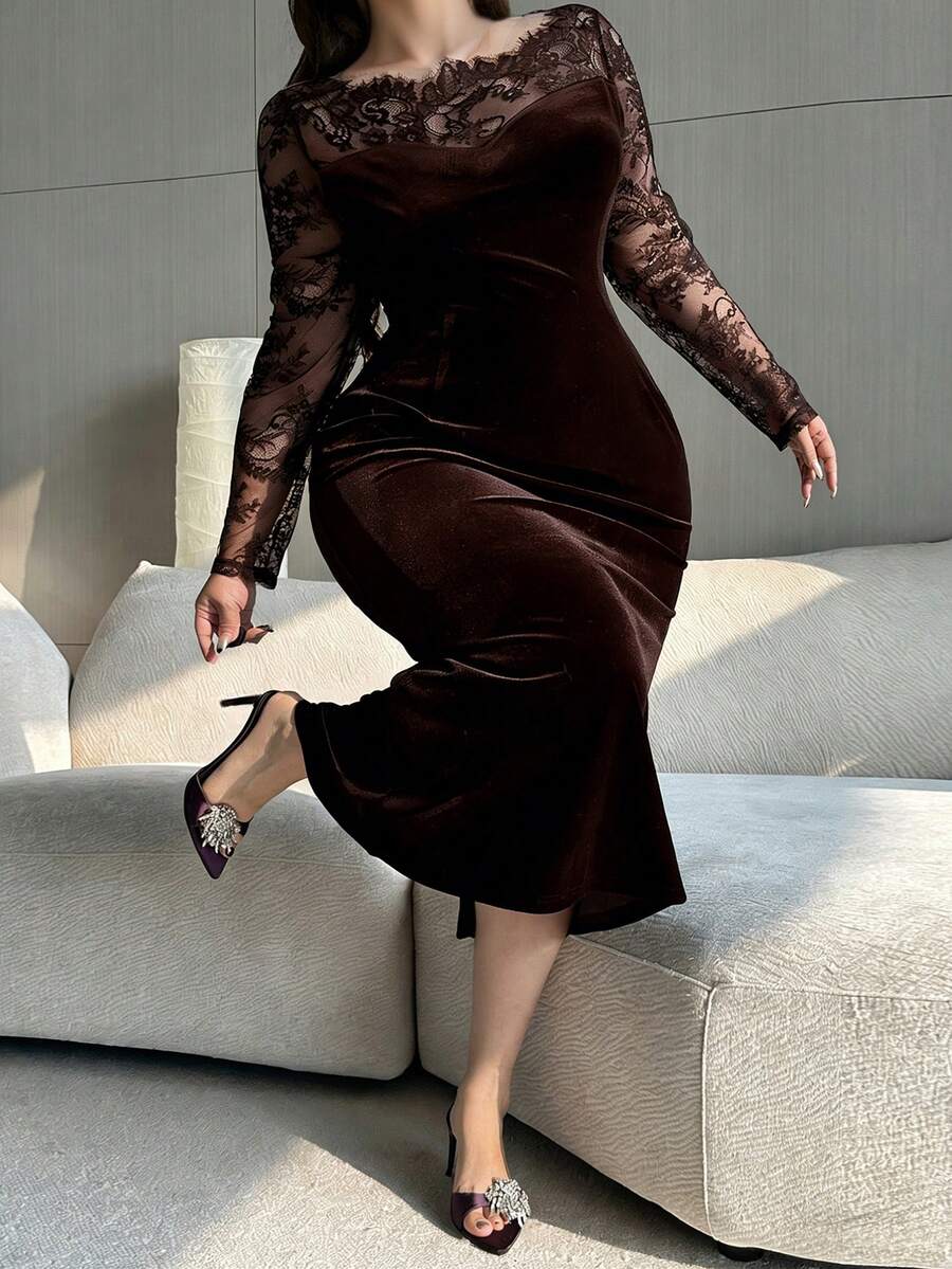 Dazy Plus 大码女士丝绒撞色蕾丝紧身派对连衣裙，性感弹力约会吊带裙 - 棕色 - 查看 1