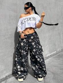 POPSWAY Plus Size Casual Minimalist Five-Pointed Star Print Loose Fit Pants - Green - View 6