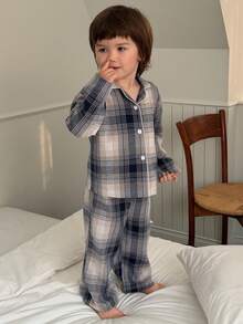 DAZY 2pcs Toddler Boys' Plaid Collar Long Sleeve Shirt And Pants Loungewear Set - Blue - View 5