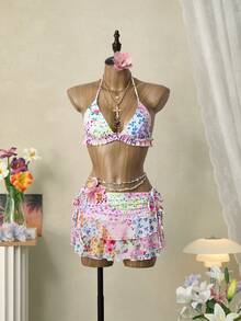 Swim Mod 3pcs Women's Summer Ditsy Floral Patchwork Triangle Top & Ruched Drawstring Skirt Swimwear Set - Multicolor - View 4