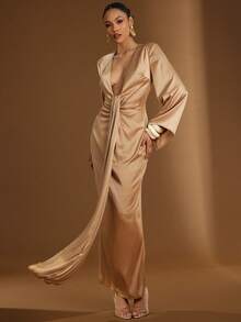 Hauture 女士低领长袖金色香槟色缎面长裙 - 棕色 - 查看 4