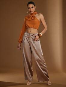 Hauture Women's Sexy One Shoulder Swing Collar High Mock Neck Long Sleeve Blouse Top - Chocolate Brown - View 3