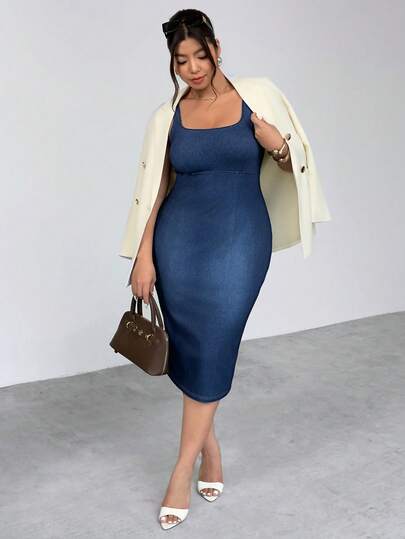 Firerie Vestido peto de mezclilla de moda para mujer de talla grande