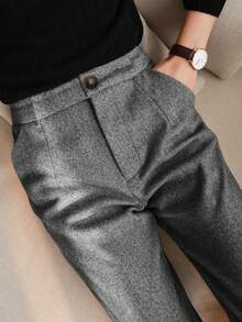 EMERY ROSE Plus Size Women Office Casual Pants With Pockets, Thin Herringbone Fabric - Dark Grey - View 4