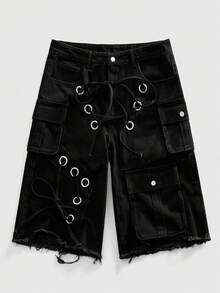 ROMWE MEN Street Life Men's Punk Street Style Distressed Loose Low Waist Cargo Shorts - Black - View 1