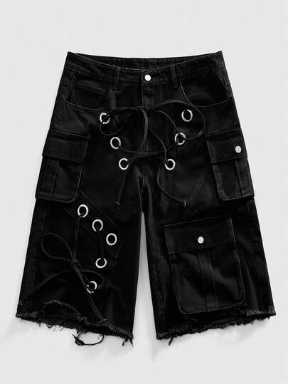 Street Life Pantalones cortos cargo de hombre con estilo callejero punk, desgastados y sueltos de talle bajo