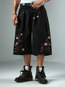 ROMWE MEN Street Life Men's Embroidered Floral 3/4 Denim Shorts - Black - View 6