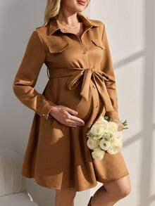 SHEIN Vestido camisero de manga larga de unicolor y estilo elegante para maternidad - Marrón - Ver 1