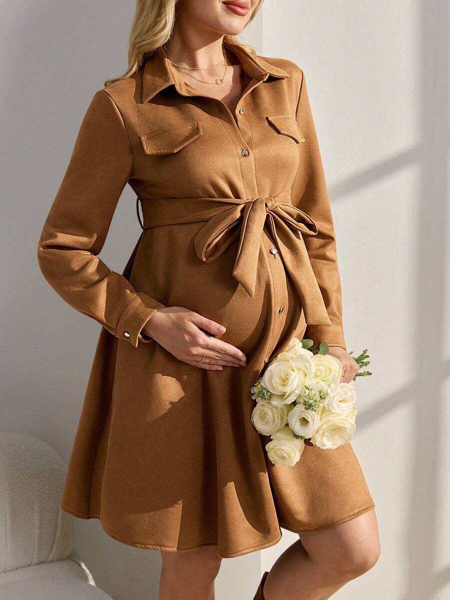 SHEIN Vestido camisero de manga larga de unicolor y estilo elegante para maternidad - Marrón - Ver 1