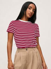 SHEIN BASICS Áo thun nữ cổ tròn tay ngắn in họa tiết sọc đa năng thường ngày - Màu Đỏ Sâu - Xem 4