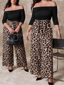 Juhart Elegant And Casual One-Neck Autumn Jumpsuit For Plate-Sized Women Leopard Print Pants Wide Leg Pants Curve Cheetah Print Outfit Women Animal Print Plus Size