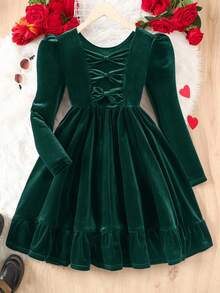 SHEIN Đầm bé gái tuổi teen dễ thương với nơ 3D trang trí phía sau, kiểu dáng đơn giản, thanh lịch, phù hợp cho mùa thu đông, Giáng sinh, dự tiệc, sinh nhật. - màu xanh lá - Xem 7