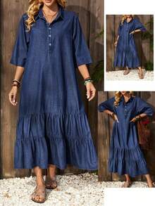 EMERY ROSE Vestido jeans feminino casual de manga 3/4 com babados na barra e fechamento frontal com botões. - Lavagem escura - Ver 1