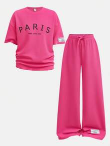 Girlism Tween Girls Loose Casual Minimalist Comfortable Round Neck T-Shirt And Pants Co-Ord Set - Hot Pink - View 8