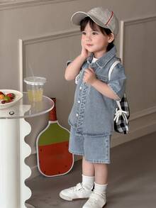 DAZY Bộ 2 món áo sơ mi và quần short denim cổ bẻ cho bé trai, thích hợp cho mùa hè. - Màu xanh lam - Xem 8