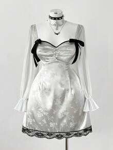 Sunspun Mùa xuân, hè, thu, đầm midi thanh lịch, ngọt ngào, dễ thương làm từ vải chiffon jacquard ghép mảnh, xếp ly ở phần ngực, tay phồng và có dây buộc ren ở eo. - trắng - Xem 1