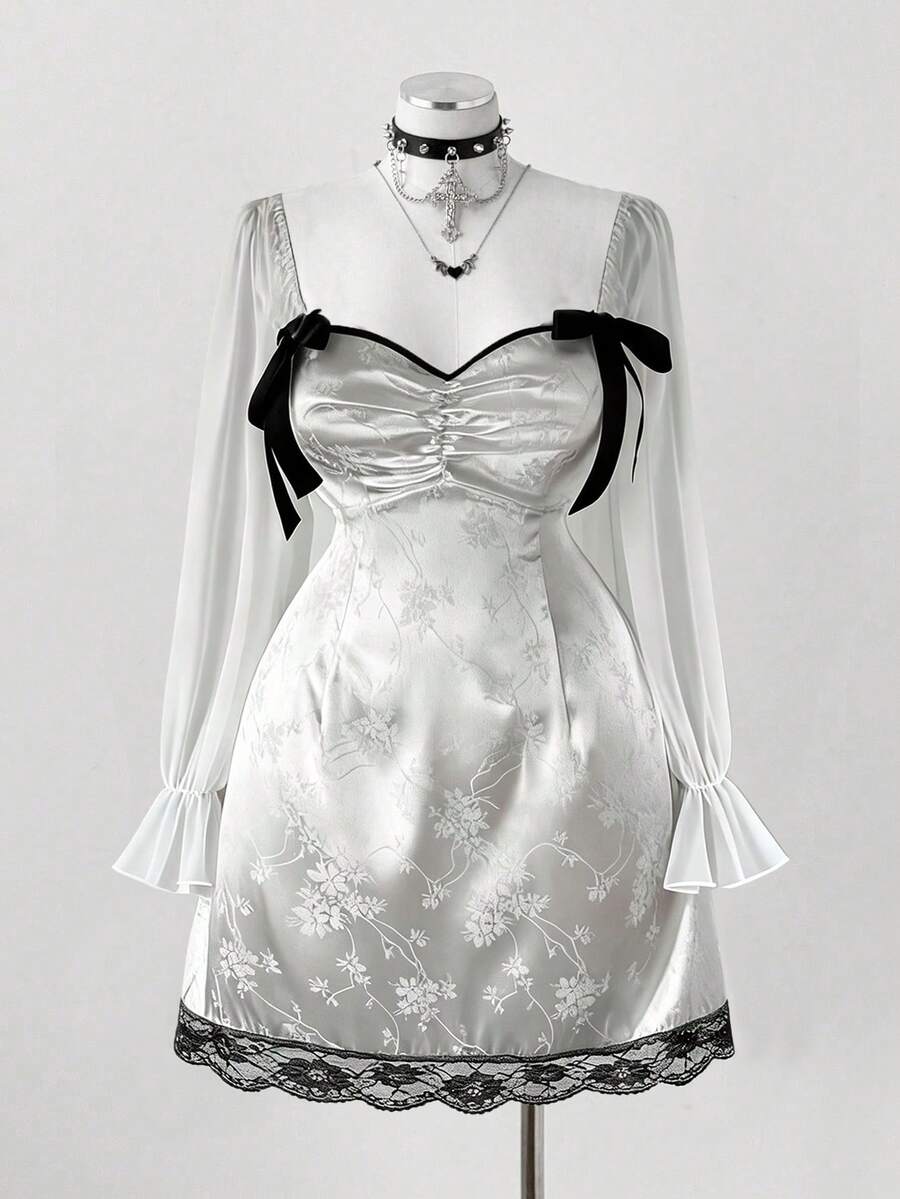 Sunspun Mùa xuân, hè, thu, đầm midi thanh lịch, ngọt ngào, dễ thương làm từ vải chiffon jacquard ghép mảnh, xếp ly ở phần ngực, tay phồng và có dây buộc ren ở eo. - trắng - Xem 1