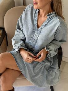 Vivie Lora 女士插肩袖V领A字牛仔连衣裙度假装 - 藍色 - 查看 4