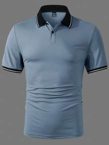 Manfinity Homme 男士藍色短袖休閒通勤 Polo 衫，高爾夫夏季老錢風，日常休閒，送禮派對度假假期，正式場合 - 藍色 - 查看 4