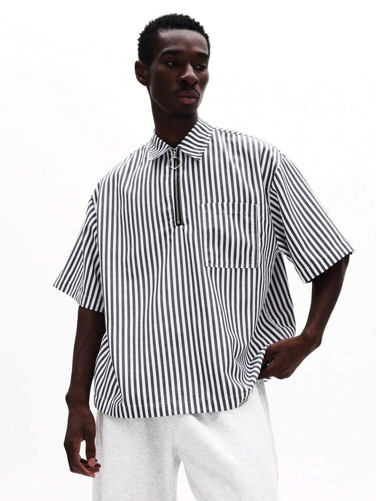 Camicia a righe con mezza zip e colletto alla francese