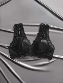 EmpressEnvy Plus Size Black Glossy PU Teardrop Push Up Floral Lace Patchwork Charming Elegant Bar Party Bra & Wireless Bra - Black - View 8