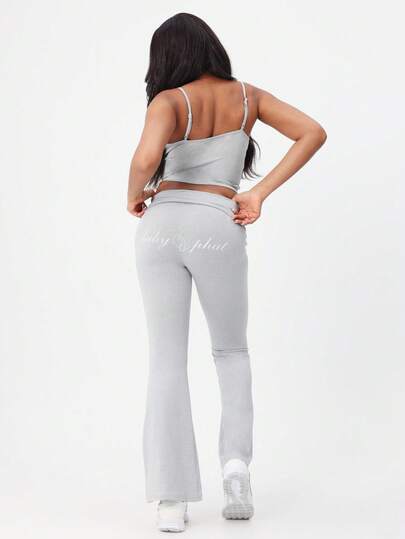 BABYPHAT Casual Lounge Flare Pants With Logo Script Print High Rise Wide Leg Bottoms Comfortable Relaxed Fit Elastic Waistband