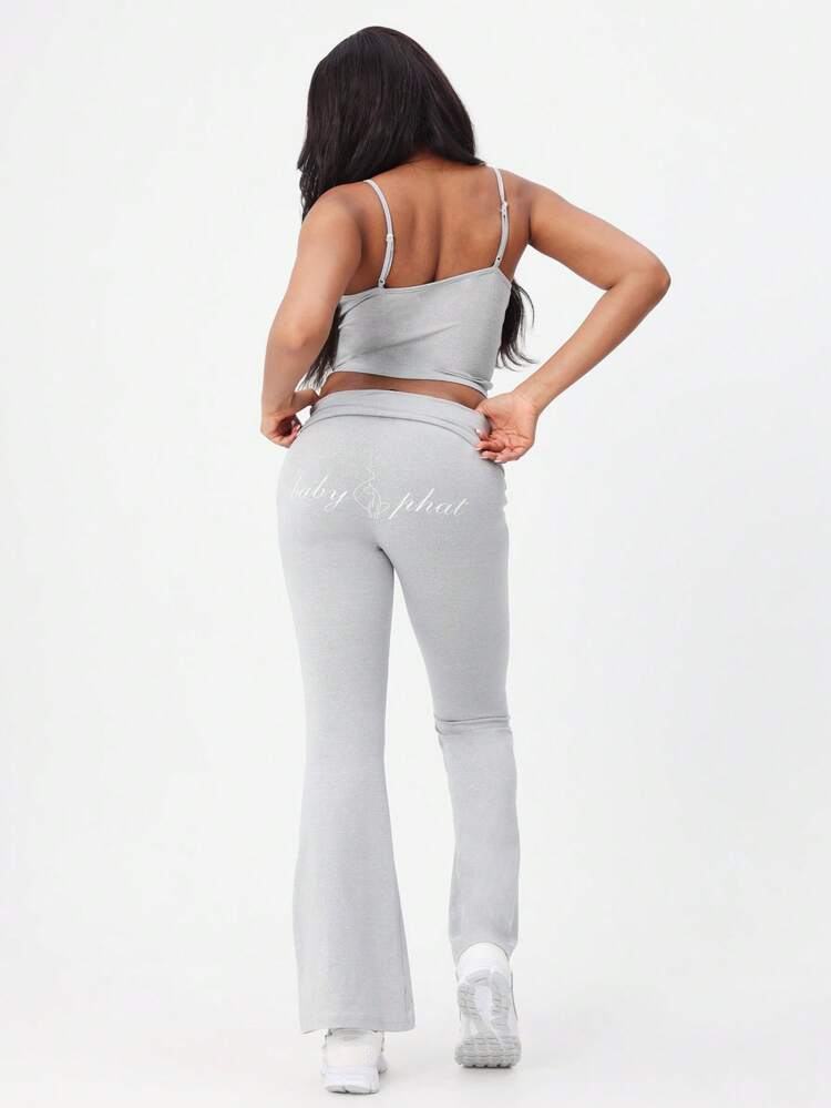 BABYPHAT Casual Lounge Flare Pants With Logo Script Print High Rise Wide Leg Bottoms Comfortable Relaxed Fit Elastic Waistband