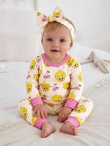 LOONEY TUNES X SHEIN Baby Girl Cartoon Tweety Bird & Cherry Print Cute Sweet Graphic Long Sleeve T-Shirt And Pants Snug Fit Pajama Set - Apricot - View 3