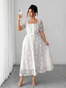 Elenzga Đầm ngắn tay cổ vuông in hoa bằng vải organza dành cho nữ cỡ lớn - trắng - Xem 7