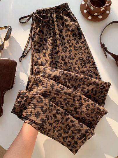 Comfortcana Plus Size Loose Straight Leg Pants With Leopard Print, Casual, For Autumn/Winter
