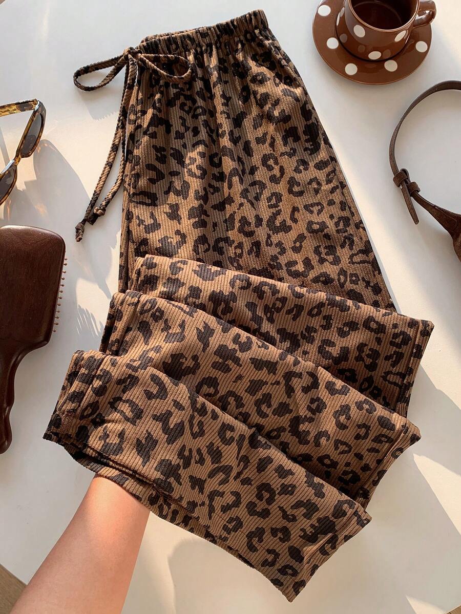 SHEIN EZwear Women's Casual Leopard Print Drawstring Waist Loose Pants - Brown - View 1
