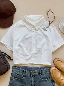 SHEIN EZwear Áo sơ mi nữ Túi Nút phía trước màu trơn Giải trí - trắng - Xem 7