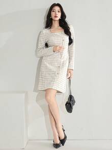 Heiryn 优雅粗花呢长袖连衣裙，通勤必备 - 彩色 - 查看 6