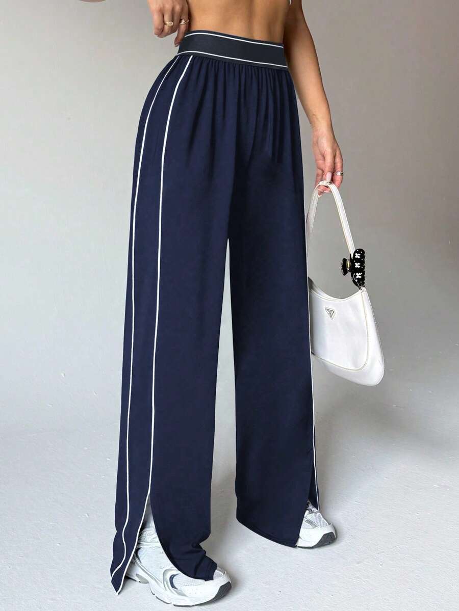 Dewbera Women's Loose Fit Straight Leg Sweatpants With Pockets, Waistband Contrast Stripe, High Stretch Elastic Waist, Suitable For Daily Casual Wear, Running, Yoga, Gym, Tennis, Golf, Autumn/Winter - Navy Blue - View 1