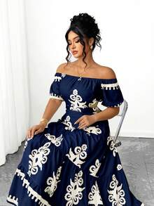 Elenzga Đầm cỡ lớn in họa tiết, thanh lịch, buộc dây, trễ vai, ôm eo. - Màu xanh hải quân - Xem 3