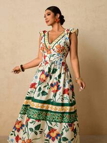 Travachic Plus Size Women's Tropical Floral Print Maxi Dress, V-Neck Flutter Sleeve Cinched Waist A-Line Long Dress, Romantic Vacation Dress For Early Spring - Multicolor - View 4