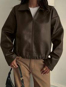 Livesso 女士宽松休闲仿皮夹克，常规版型，秋冬季