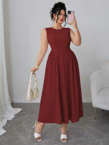 Elenzga 大码优雅纯色无袖收腰中长连衣裙 - 酒紅色 - 查看 8