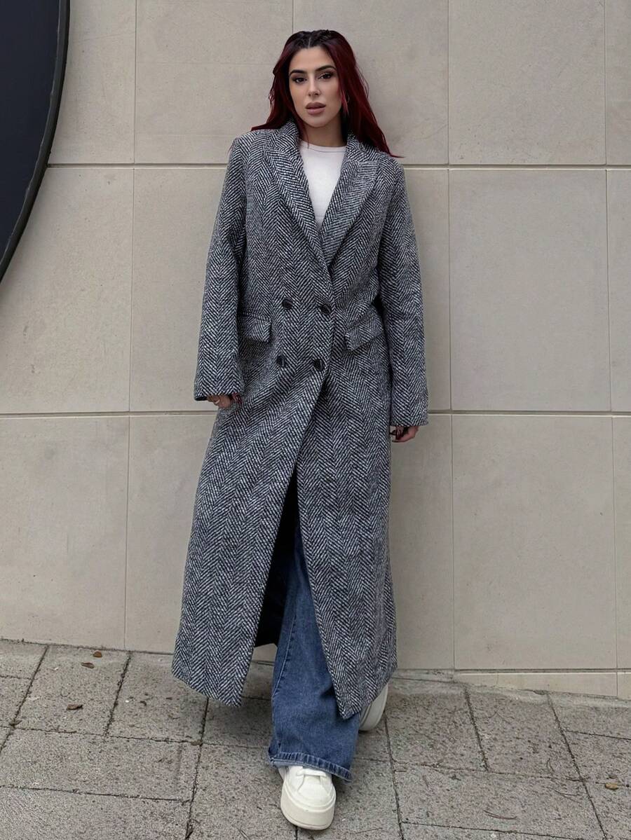 Bearsaez Damen Fischgratmuster Jacke mit Revers Kragen, Langarm Mantel für Herbst/Winter - Grau - Übersicht 1