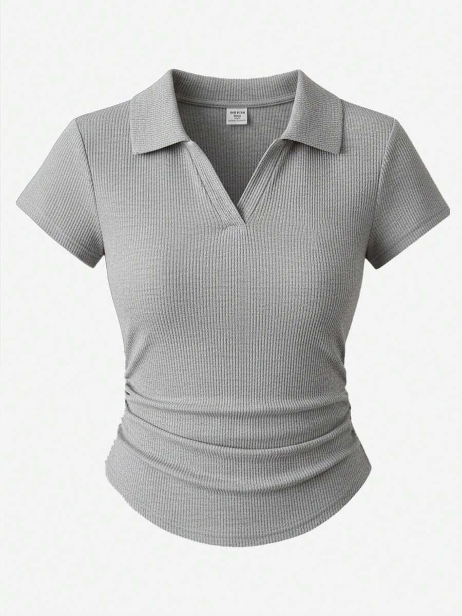 SHEIN 少女灰色百搭方领短袖T恤,设计师款,夏季休闲Polo衫,及腰长度,修身剪裁,清新少女风 - 淺灰色 - 查看 1