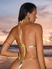 Swim SXY Women's Sexy Hollow Out One-Piece Swimsuit, Elegant Vacation Chic Minimalist Party Wear, Metallic Fabric, Suitable For Spring Break, Christmas - Gold - View 2