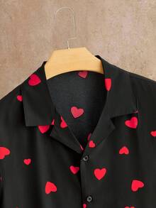 HIMLAND Áo sơ mi nam tay ngắn cổ ve in hình trái tim, cài một hàng khuy, kiểu dáng thường ngày/công sở - màu đen - Xem 5