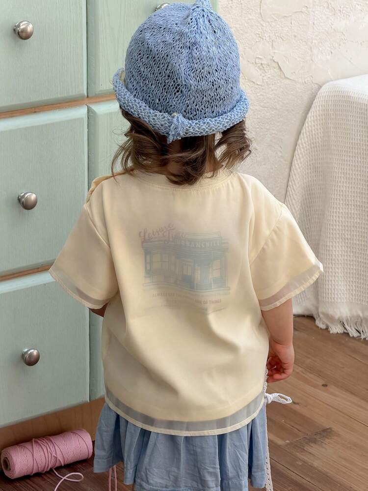 Baby Girls 2 In 1 Mesh English Street Print Short Sleeve Top, Summer Toddler Girls Clothes