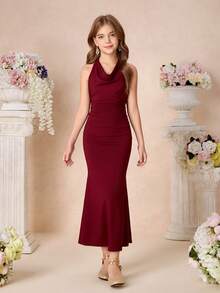 Pitira Vestido de sirena ajustado con cuello drapeado burdeos para niñas preadolescentes, adecuado para fiestas, ocasiones formales, fiestas, cumpleaños, uso diario de niñas, festivales, reuniones familiares y ocasiones especiales, conjuntos de hermanas, lindo, elegante, moda retro dulce, adecuado para la temporada de regreso a la escuela, fiestas elegantes, citas, viajes, adecuado para bodas, fiestas de cumpleaños, bailes, vestidos de dama de honor, galas de noche formal, bodas, graduaciones, niñas de las flores - Burdeos - Ver 3