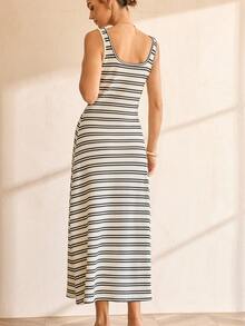 Robe longue minimaliste Lymera, nouvelle mode décontractée, généreux design col en U, texture à rayures bicolores noir et blanc, tissu bicolore apricot - Multicolore - Voir 2